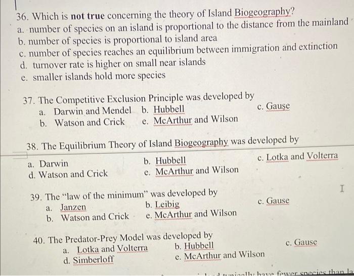 36 Which Is Not True Concerning The Theory Of Island Biogeography A Number Of Species On An Island Is Proportional To 1