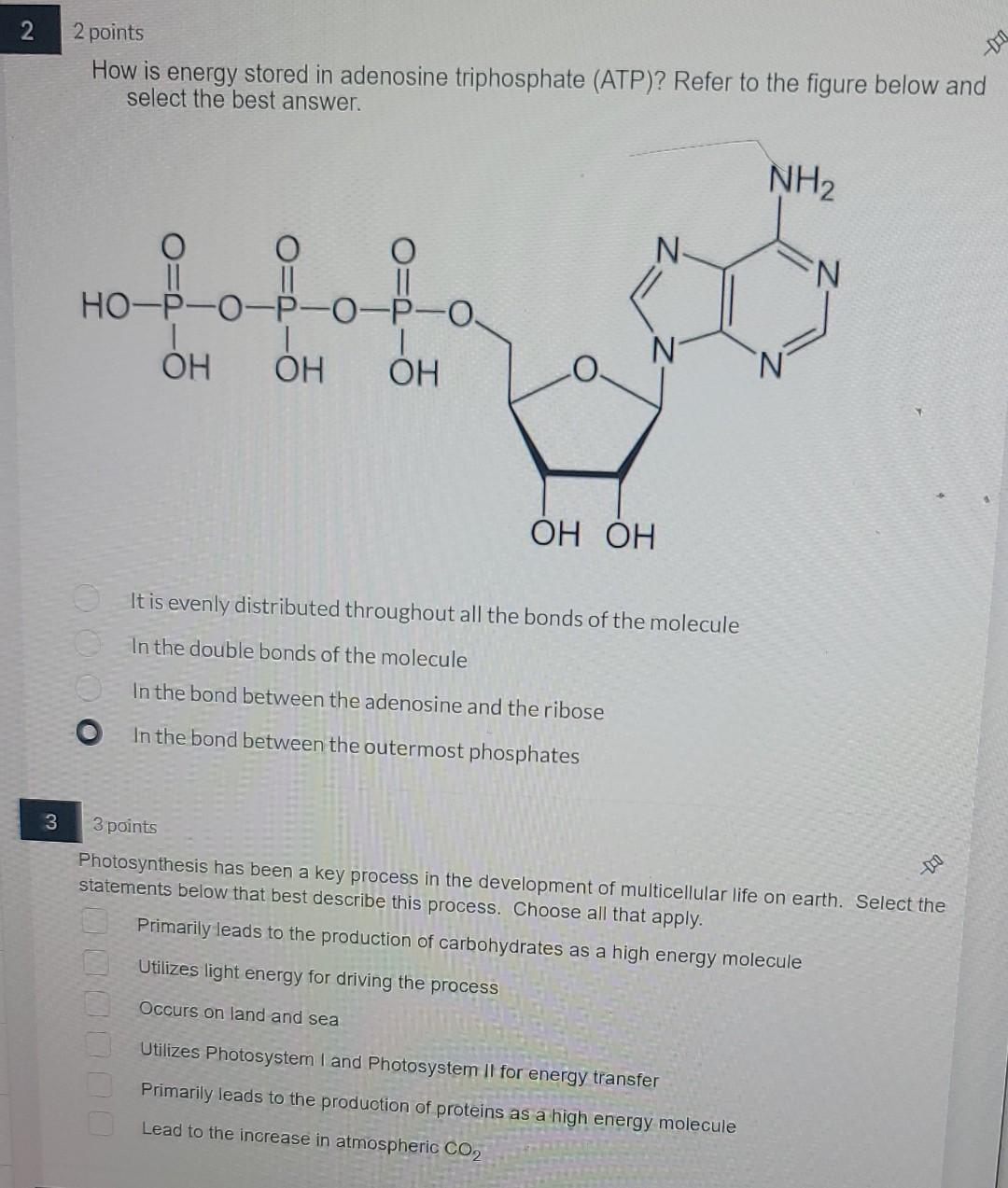 2 Points How Is Energy Stored In Adenosine Triphosphate Atp Refer To The Figure Below And Select The Best Answer It 1