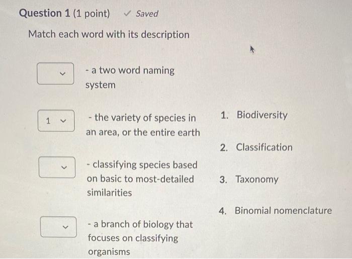 Match Each Word With Its Description A Two Word Naming System The Variety Of Species In 1 Biodiversity An Area Or 1