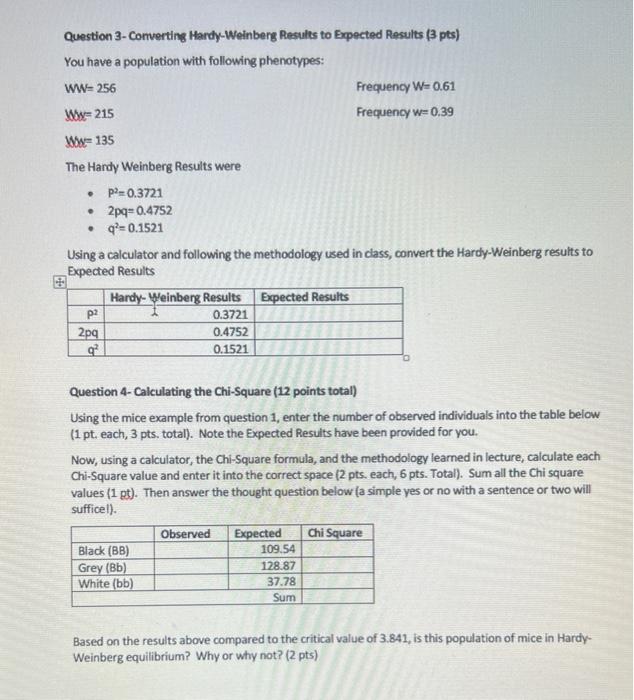 Question A Calculating The Chi Square 12 Points Total Using The Mice Example From Question 1 Enter The Number Of Obse 3