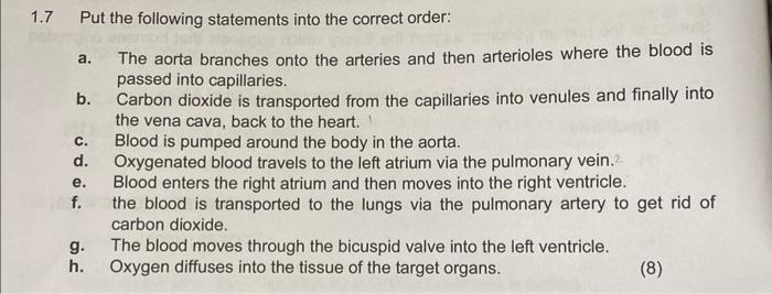 1 7 Put The Following Statements Into The Correct Order A The Aorta Branches Onto The Arteries And Then Arterioles Whe 1