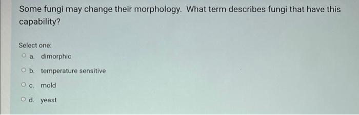 Some Fungi May Change Their Morphology What Term Describes Fungi That Have This Capability Select One A Dimorphic B 1