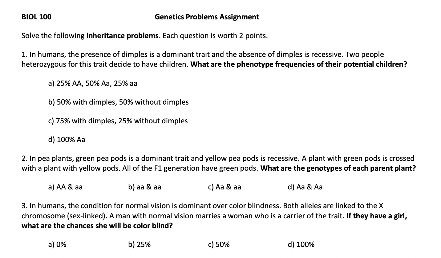 Biol 100 Genetics Problems Assignment Solve The Following Inheritance Problems Each Question Is Worth 2 Points 1 In H 1