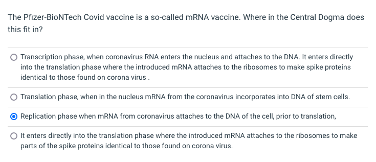 The Pfizer Biontech Covid Vaccine Is A So Called Mrna Vaccine Where In The Central Dogma Does This Fit In Transcriptio 1