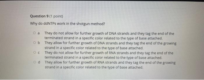 Question 9 1 Point Why Do Ddntps Work In The Shotgun Method A They Do Not Allow For Further Growth Of Dna Strands And 1