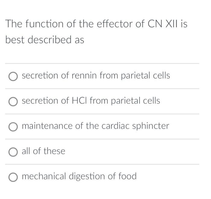The Function Of The Effector Of Cnxii Is Best Described As Secretion Of Rennin From Parietal Cells Secretion Of Hcl From 1