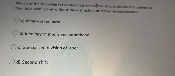 Which Of The Following Is The Idea That Employees Should Devote Themselves To Their Jobs Wholly And Without The Distract 1