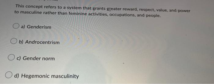 This Concept Refers To A System That Grants Greater Reward Respect Value And Power To Masculine Rather Than Feminine 1