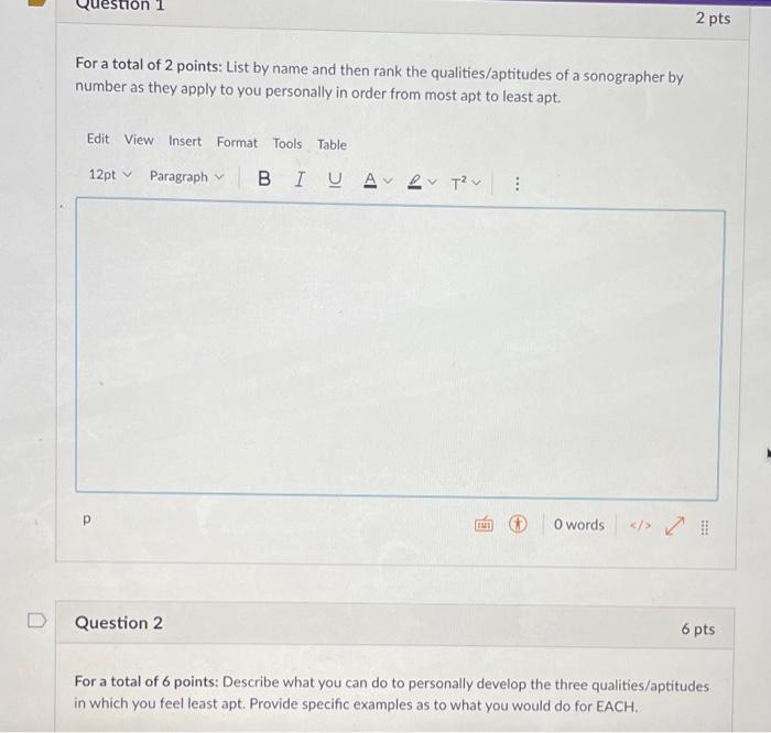 For A Total Of 2 Points List By Name And Then Rank The Qualities Aptitudes Of A Sonographer By Number As They Apply To 1