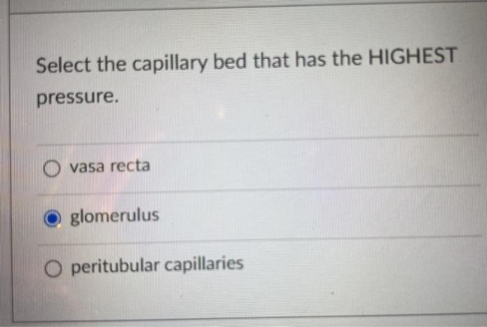 Select The Capillary Bed That Has The Highest Pressure Vasa Recta Glomerulus Peritubular Capillaries 1