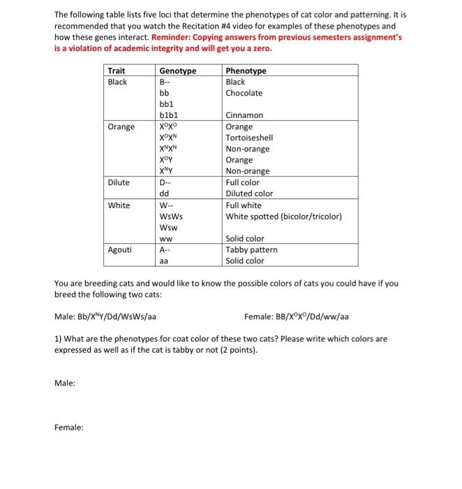 The Following Table Lists Five Loci That Determine The Phenotypes Of Cat Color And Patterning It Is Recommended That Yo 1