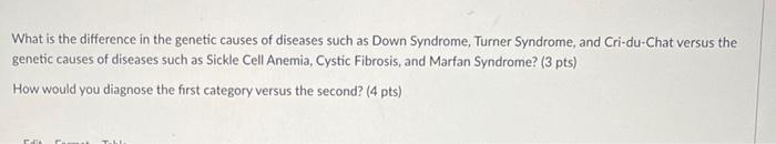 What Is The Difference In The Genetic Causes Of Diseases Such As Down Syndrome Turner Syndrome And Cri Du Chat Versus 1