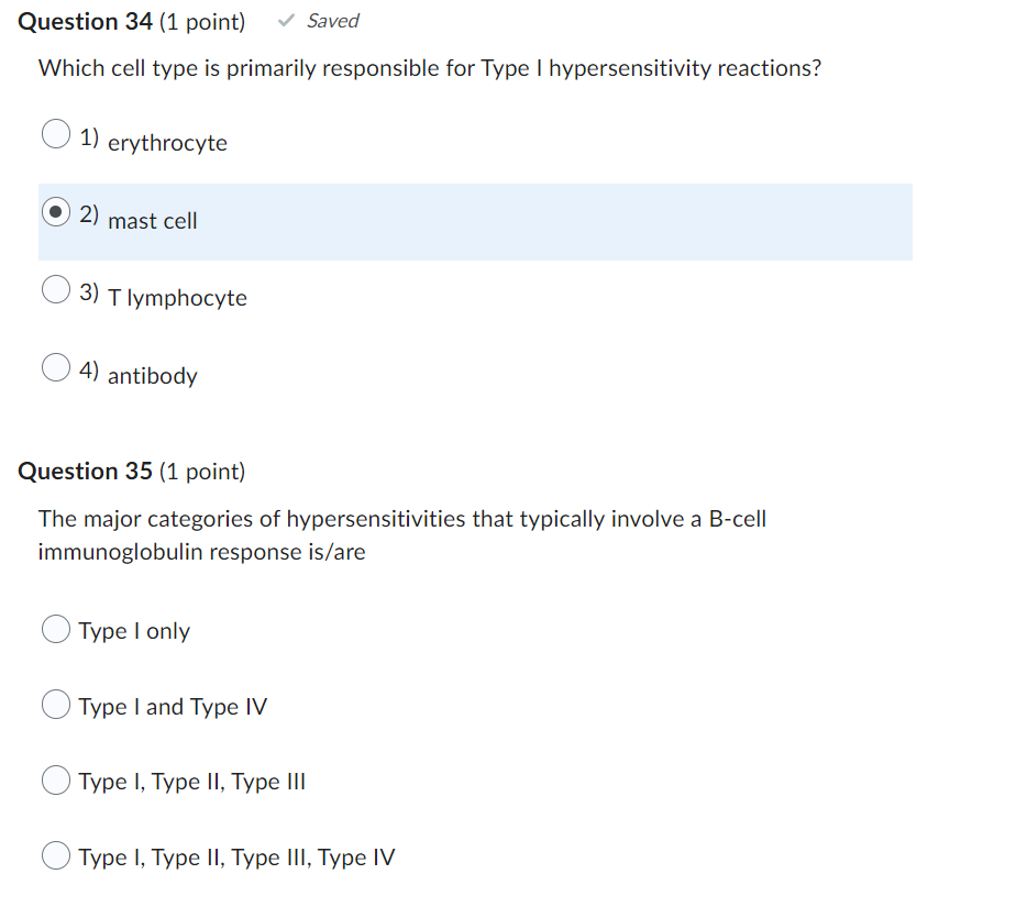 Which Cell Type Is Primarily Responsible For Type I Hypersensitivity Reactions 1 Erythrocyte 2 Mast Cell 3 Tlymphocy 1