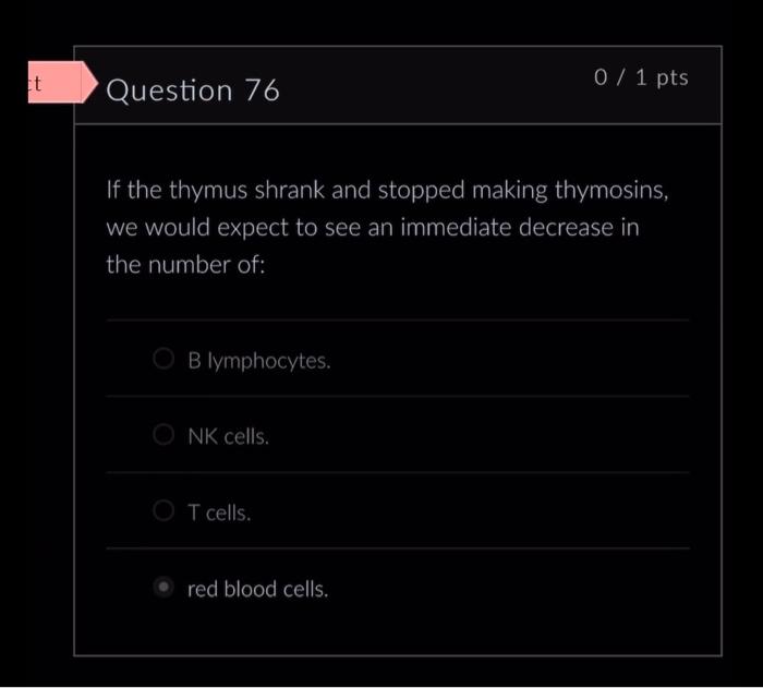Question 76 0 1 Pts If The Thymus Shrank And Stopped Making Thymosins We Would Expect To See An Immediate Decrease In T 1