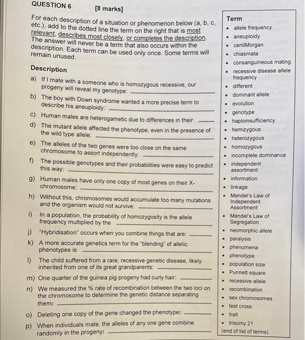 Question 6 8 Marks For Each Description Of A Situation Or Phenomenon Below A B C Etc Add To The Dotted Line The T 1