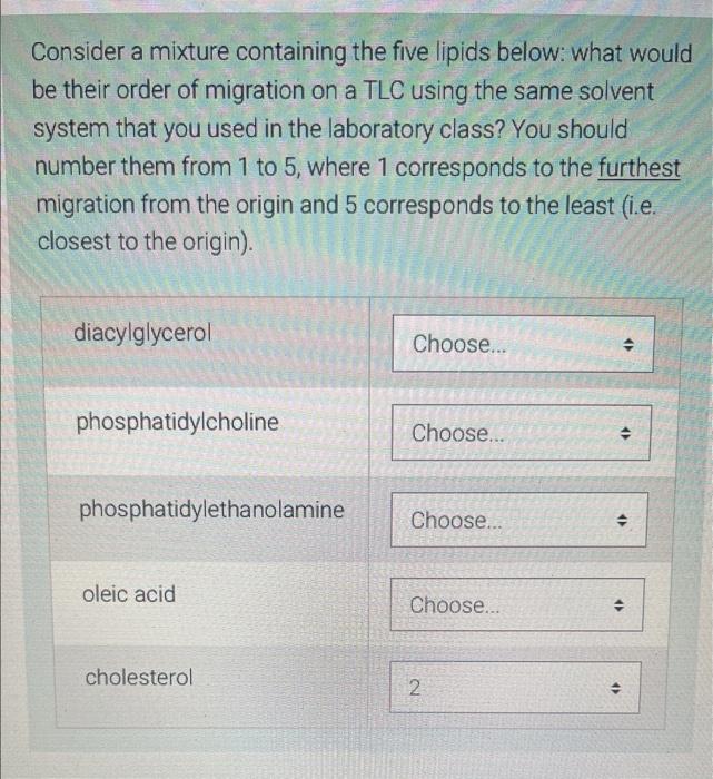 Consider A Mixture Containing The Five Lipids Below What Would Be Their Order Of Migration On A Tlc Using The Same Solv 1