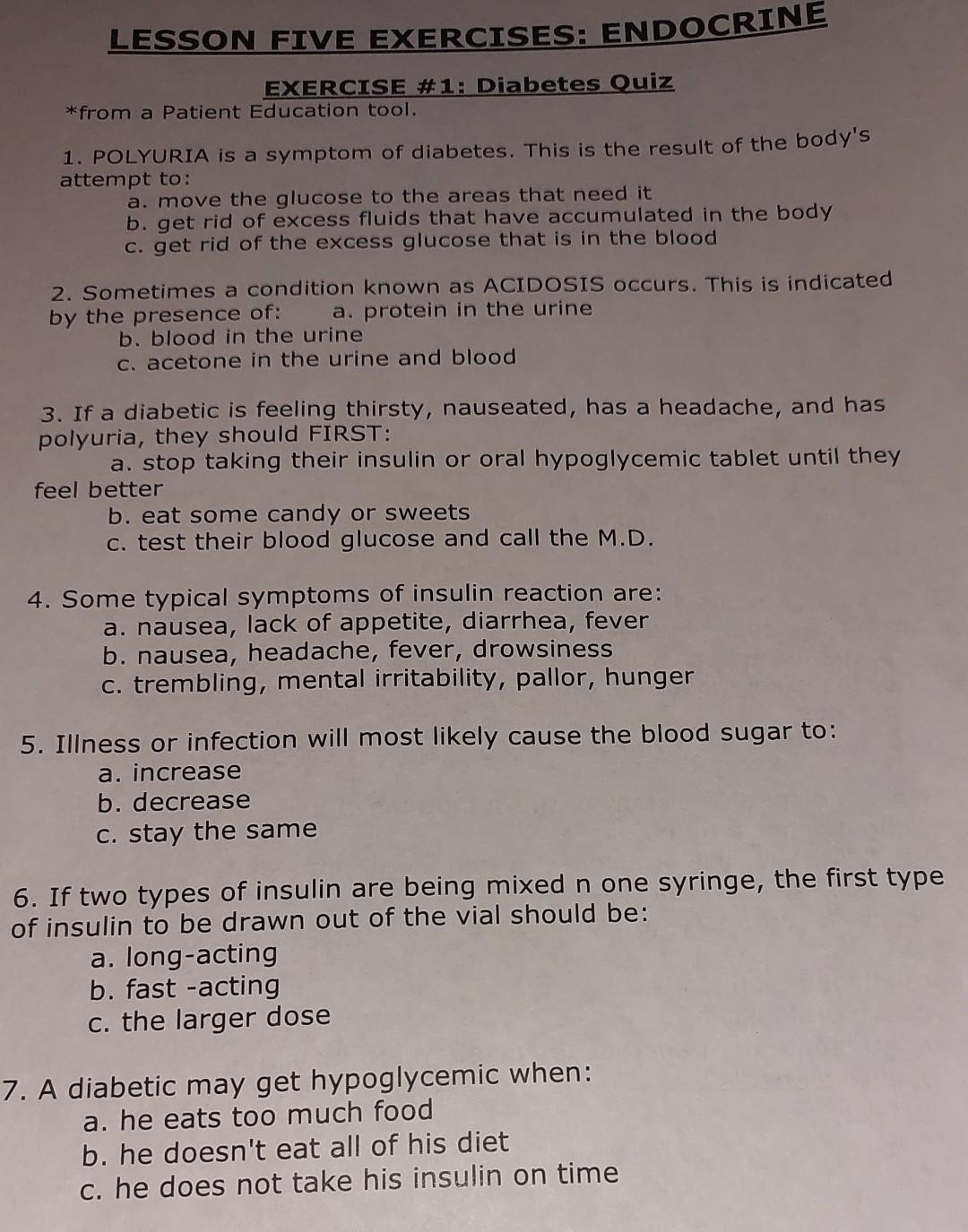 Lesson Five Exercises Endocrine Exercise 1 Diabetes Quiz From A Patient Education Tool 1 Polyuria Is A Symptom Of 1