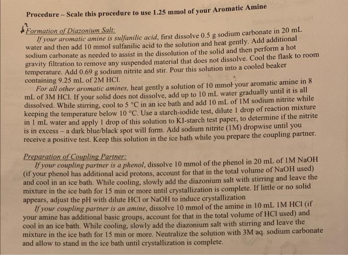Procedure Scale This Procedure To Use 1 25 Mmol Of Your Aromatic Amine Formation Of Diazonium Salt Il Your Aromatic A 2