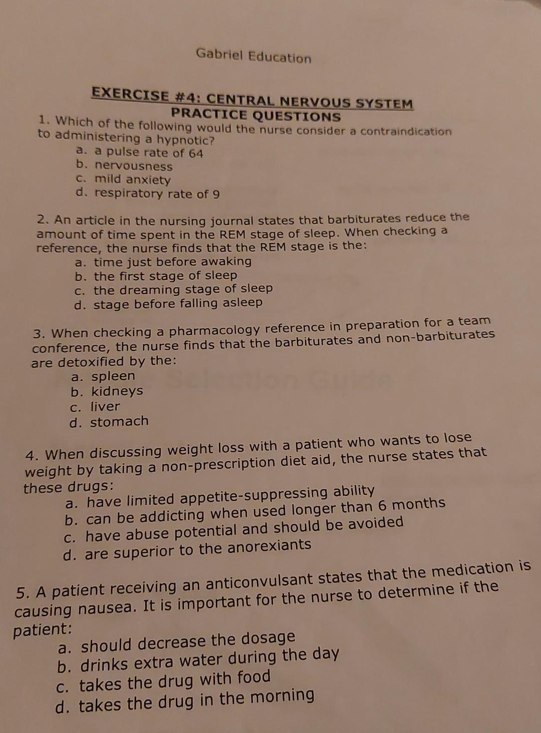 Practice Questions 1 Which Of The Following Would The Nurse Consider A Contraindication To Administering A Hypnotic A 1