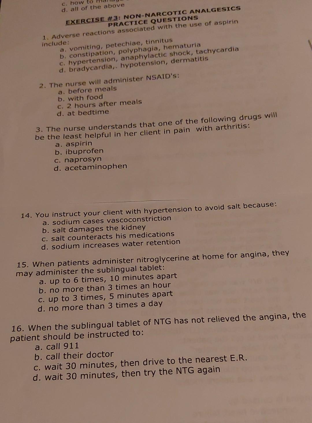 C How To Merrage Exercise 3 Non Narcotic Analgesics Practice Questions 1 Adverse Reactions Associated With The Use O 1