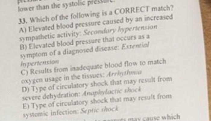 33 Which Of The Following Is A Correct Match A Elevated Blood Pressure Caused By An Increased Sy Mpathetic Activity 1
