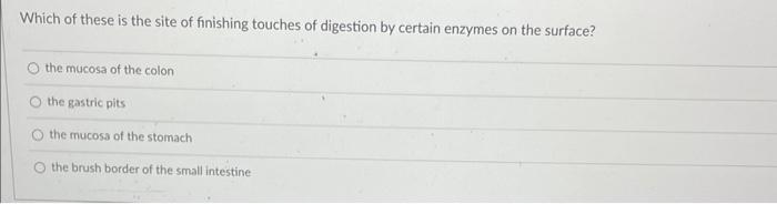 Which Of These Is The Site Of Finishing Touches Of Digestion By Certain Enzymes On The Surface The Mucosa Of The Colon 1