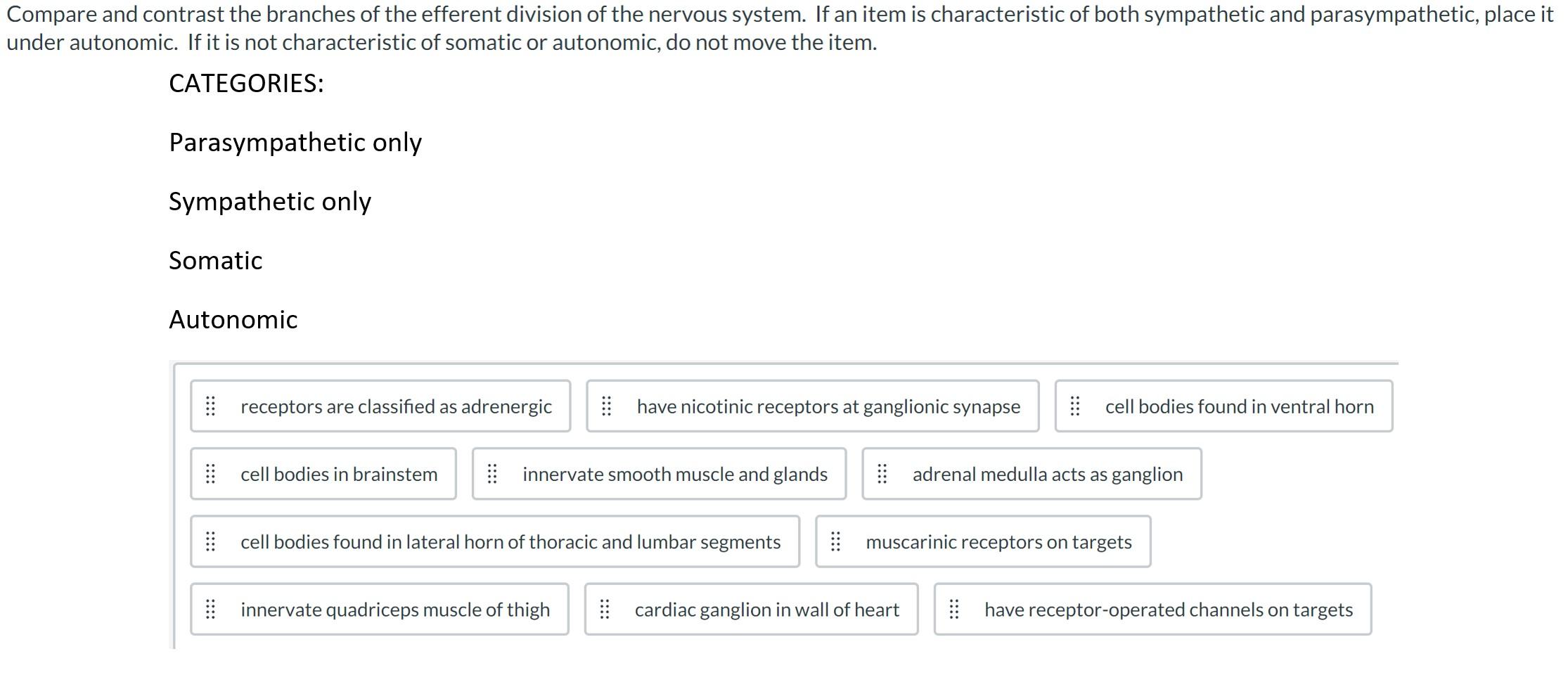 Npare And Contrast The Branches Of The Efferent Division Of The Nervous System If An Item Is Characteristic Of Both Sym 1