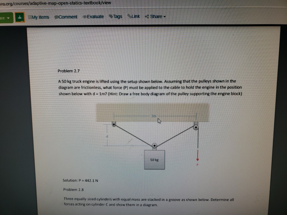 Ons Org Courses Adaptive Map Open Statics Textbook View Ave My Items Comment Evaluate Tags Link Share Problem 2 7 A 50 1