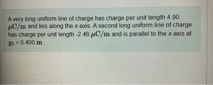 A Very Long Uniform Line Of Charge Has Charge Per Unit Length 4 90 Uc M And Lies Along The X Axis A Second Long Uniform 1