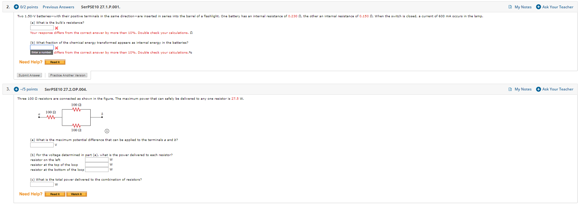 2 0 2 Points Previous Answers Serpse 10 27 1 P 001 My Notes Ask Your Teacher Two 1 50 V Batteries With Their Posit 1