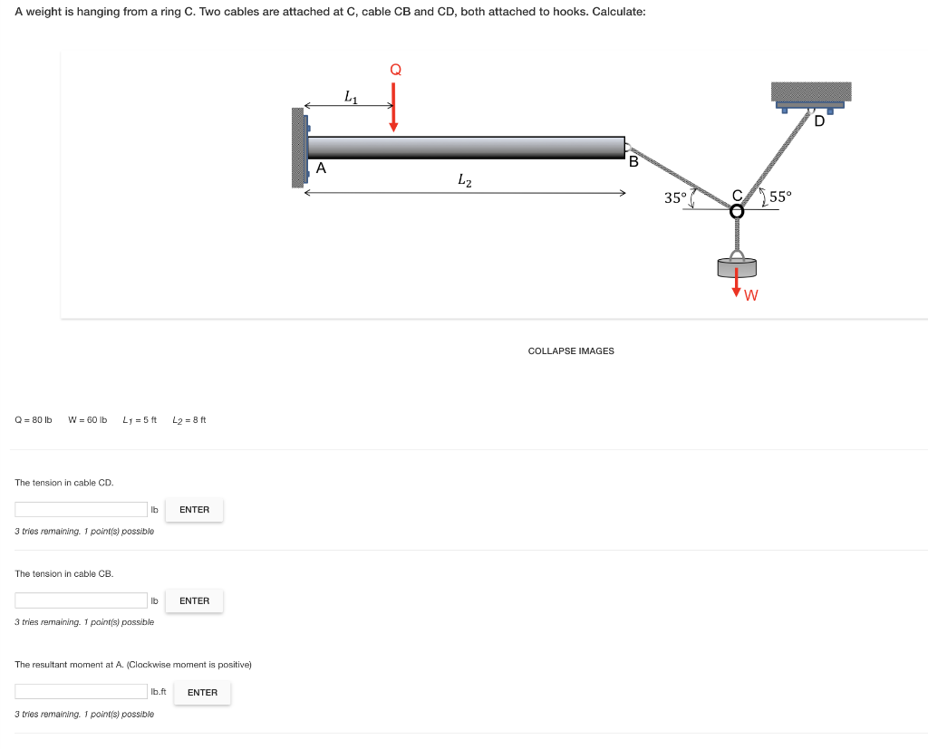 A Weight Is Hanging From A Ring C Two Cables Are Attached At C Cable Cb And Cd Both Attached To Hooks Calculate 350 1