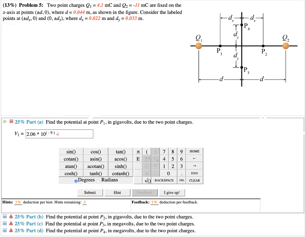 13 Problem 5 Two Point Charges Q1 4 1 Mc And Q2 11 Mc Are Fixed On The X Axis At Points Where D 0 044 M 1