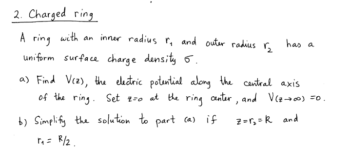 2 Charged Ring A Ring With An Inner Radius Ry And Outer Radius R Has A Uniform Surface Charge Density O A Find Ecz T 1
