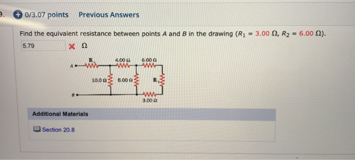 9 13 07 Points Find The Equivalent Resistance Between Points A And B In The Drawing R1 3 00 A R2 6 00 Wit 5 0 3