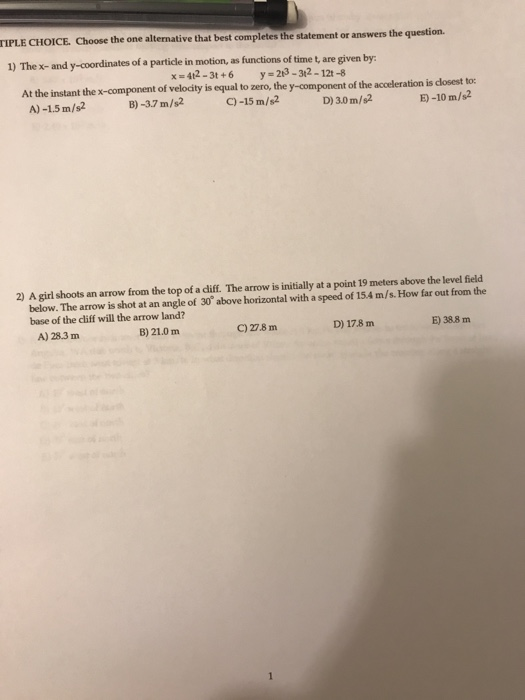 Tiple Choice Choose The One Alternative That Best Completes The Statement Or Answers The Question 1 The X And Y Coor 2