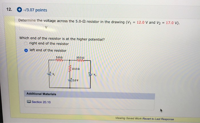 12 13 07 Points Determine The Voltage Across The 5 0 2 Resistor In The Drawing V1 12 0v And V2 17 0 V Which End 1