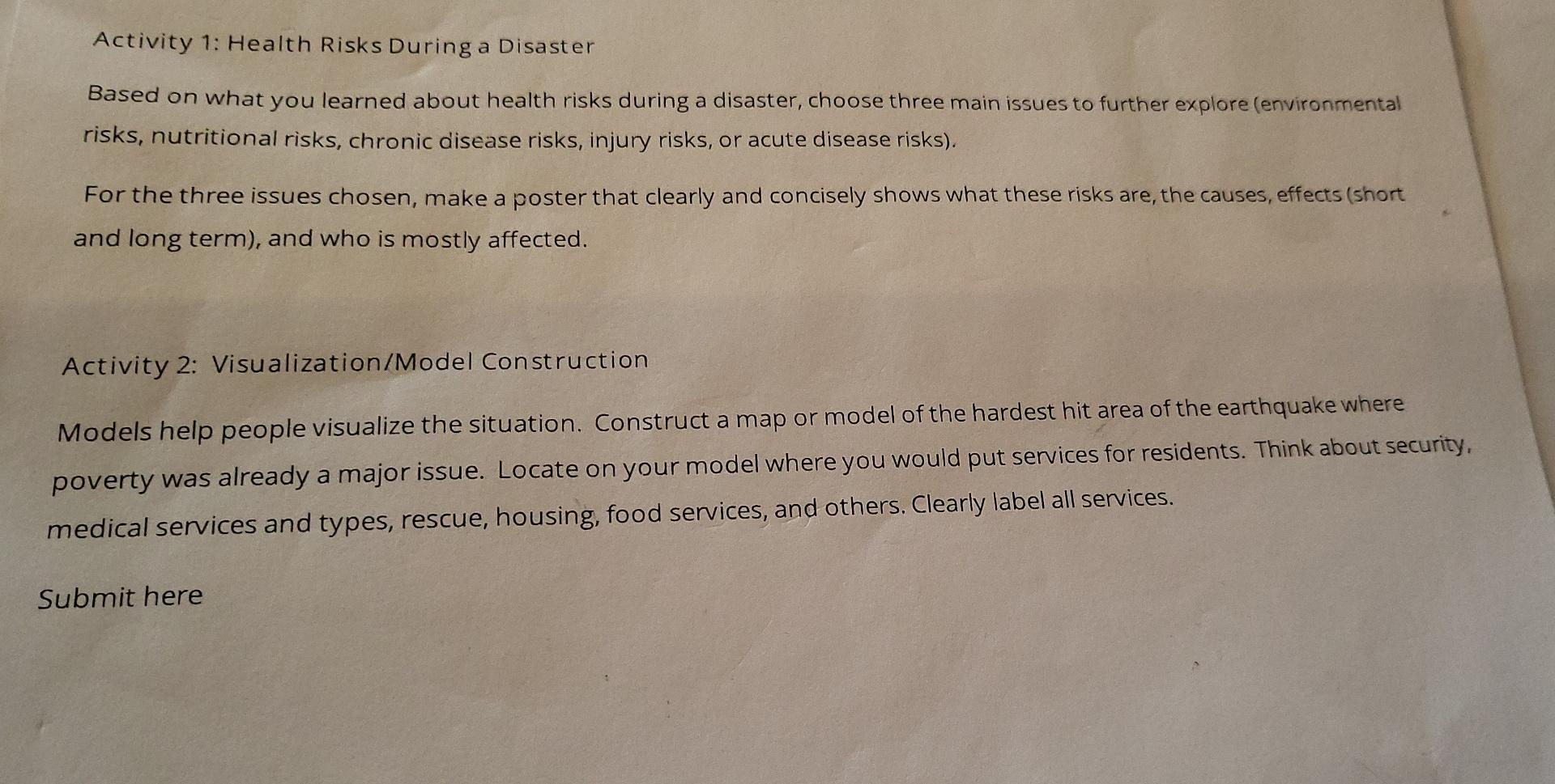 Activity 1 Health Risks During A Disaster Based On What You Learned About Health Risks During A Disaster Choose Three 1