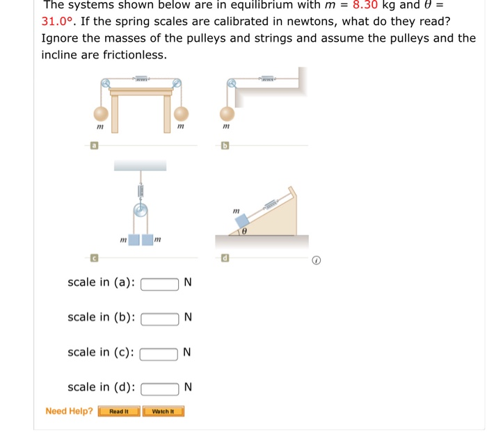 The Systems Shown Below Are In Equilibrium With M 8 30 Kg And 8 31 0 If The Spring Scales Are Calibrated In Newton 1