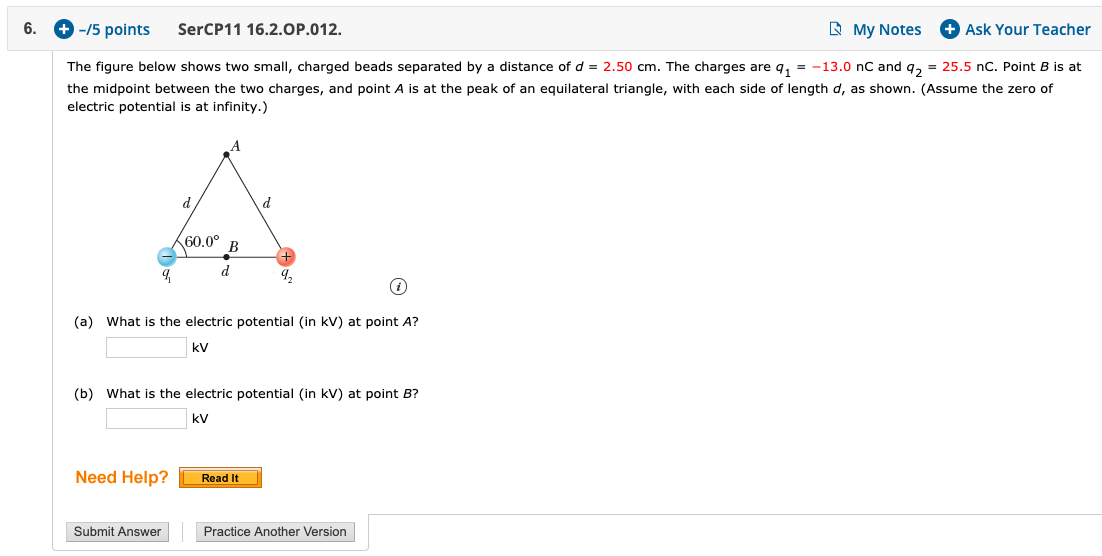 6 5 Points Sercp11 16 2 Op 012 My Notes Ask Your Teacher The Figure Below Shows Two Small Charged Beads Separat 1