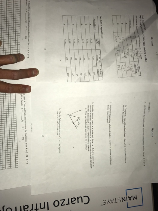 Ph 1425 Phys2425 Questions Equilibril Tors The Force Table But T R Ansioner Mohd 1263 5 175 245 Compare The Force A Bet 1