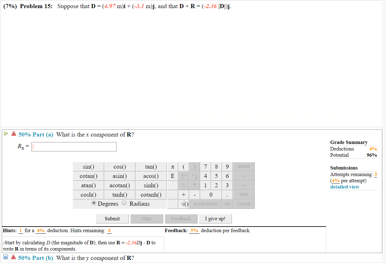7 Problem 15 Suppose That D 4 97 M I 3 1 M J And That D R 2 36 Ddj A 50 Part A What Is The X Compone 1