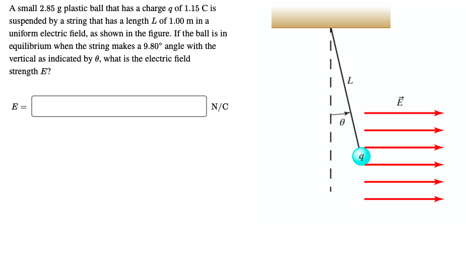 A Small 2 85 G Plastic Ball That Has A Charge Of 1 15 C Is Suspended By A String That Has A Length L Of 1 00 M In A Unif 1