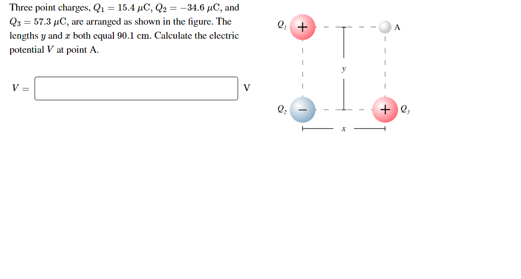 Three Point Charges Q1 15 4 Uc Q2 34 6 Uc And Q3 57 3 Uc Are Arranged As Shown In The Figure The Lengths Y A 1