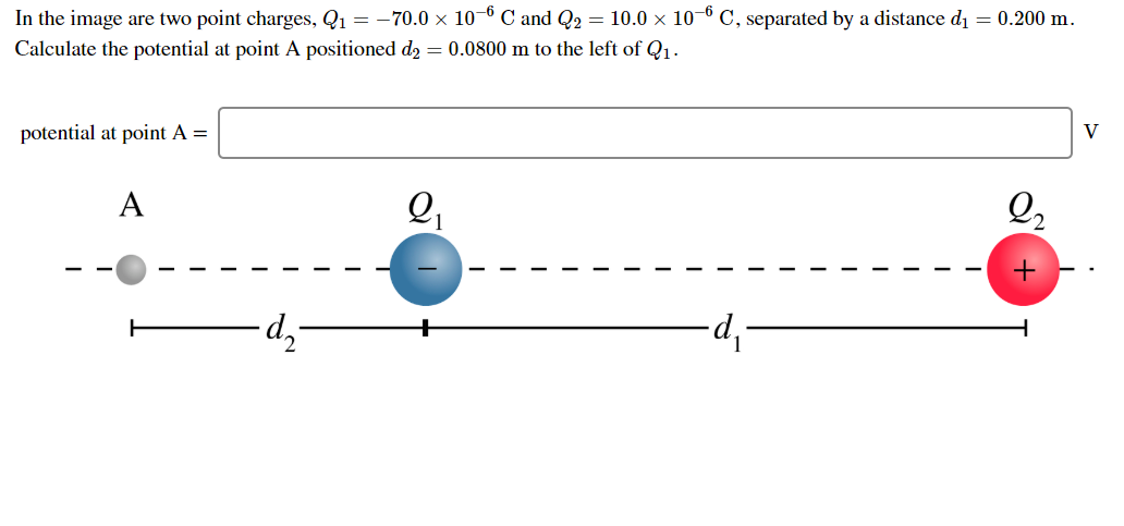 In The Image Are Two Point Charges Q1 70 0 X 10 C And Q2 10 0 X 10 6 C Separated By A Distance Di 0 200 M Calc 1