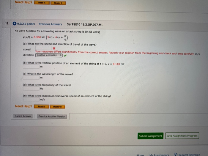 Need Help Master 12 0 2 2 5 Points Previous Answers Serpse10 16 2 Op 007 Mi The Wave Function For A Traveling Wave On 1