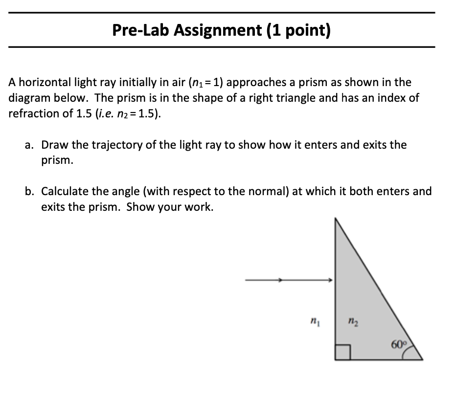 Pre Lab Assignment 1 Point A Horizontal Light Ray Initially In Air N1 1 Approaches A Prism As Shown In The Diagram 1