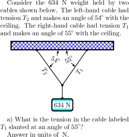 Consider The 634 N Weight Held By Two Cables Shown Below The Left Hand Cable Had Tension T And Makes An Angle Of 54 W 1