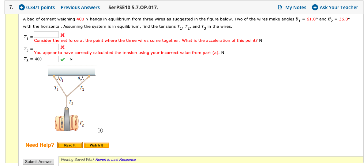 7 0 34 1 Points Previous Answers Serpse10 5 7 Op 017 My Notes Ask Your Teacher A Bag Of Cement Weighing 400 N Hang 1