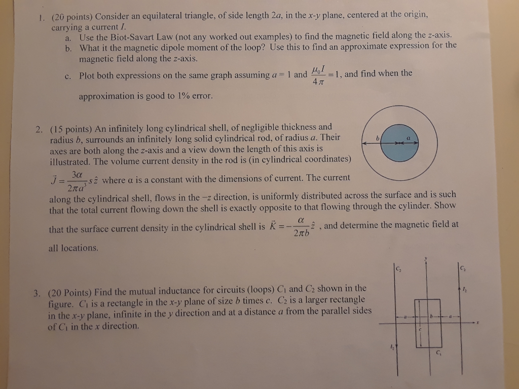 1 20 Points Consider An Equilateral Triangle Of Side Length 2a In The X Y Plane Centered At The Origin Carrying A 1
