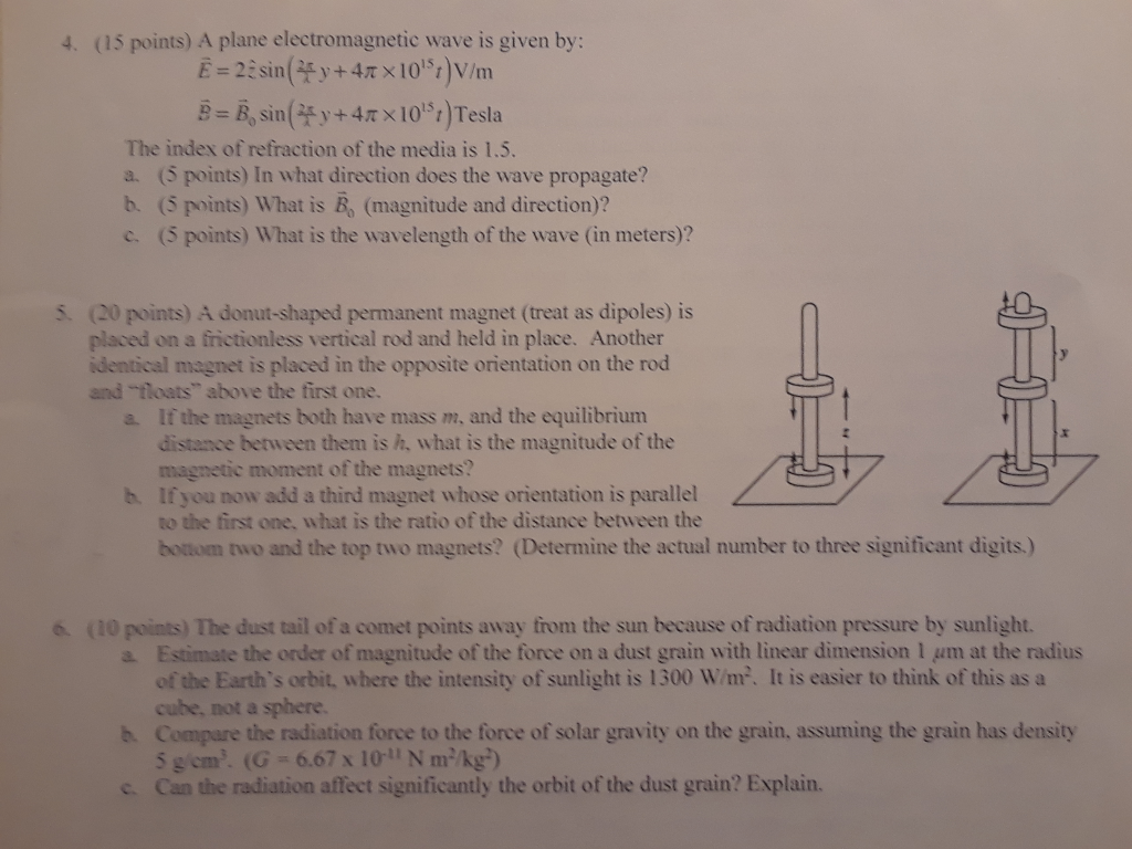 4 15 Points A Plane Electromagnetic Wave Is Given By E 2 Sin 2 Y 4 X 10 V M B B Sin Fy 41 X 10 S Tesla The In 1